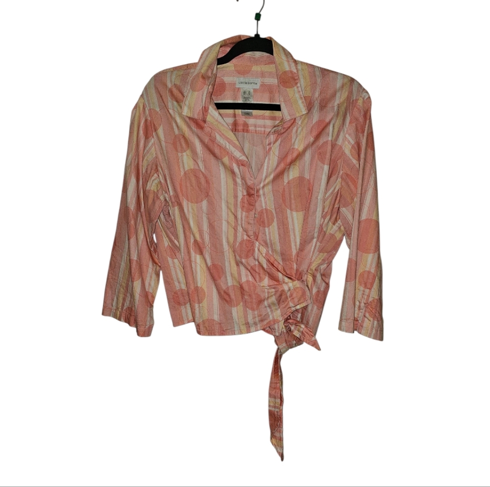 Liz Claiborne Peach and Cream Striped Tie-Front Blouse
